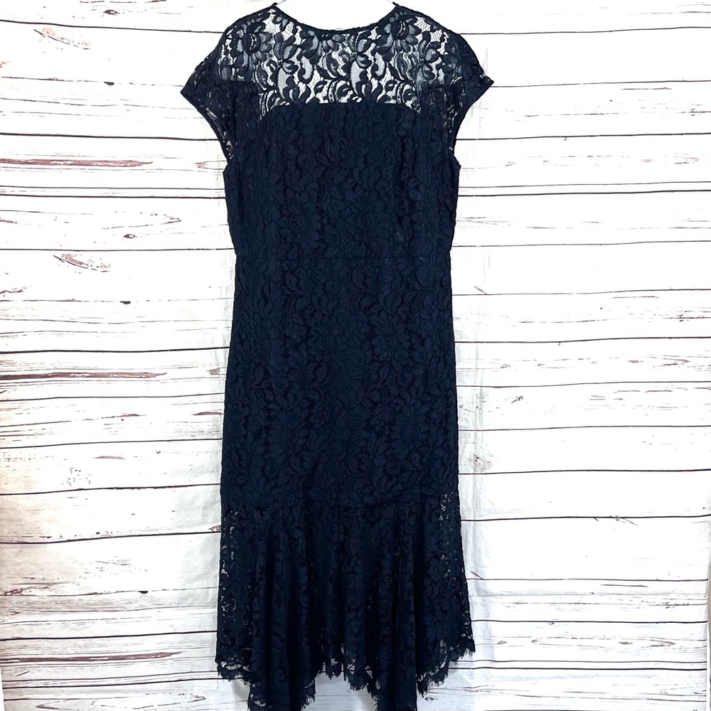 Banana Republic Womens Maxi Lace Dress Short Sleeve Asymmetrical Hem Blue Sz 16